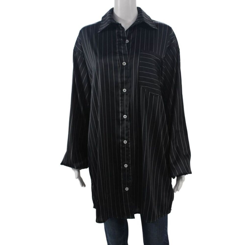Elleme Paris Womens Striped Collared Tunic Button-Up Black Polyester Size M